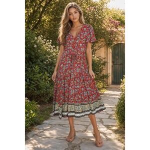 Temofon Dress Women's M Red Floral Cottagecore Boho Prairie Tiered Midi